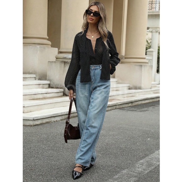 Black Polka Dot Tie Neck Loose Fitting Button Down Shirt Blouse - Picture 3 of 7